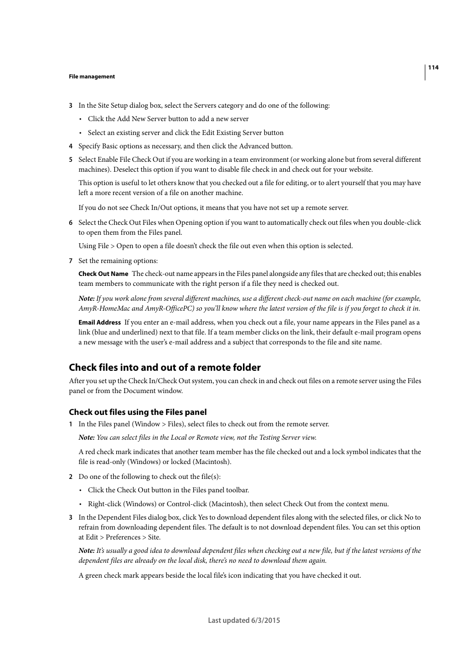 Check files into and out of a remote folder, Check out files using the files panel | Adobe Dreamweaver CC 2015 User Manual | Page 121 / 700