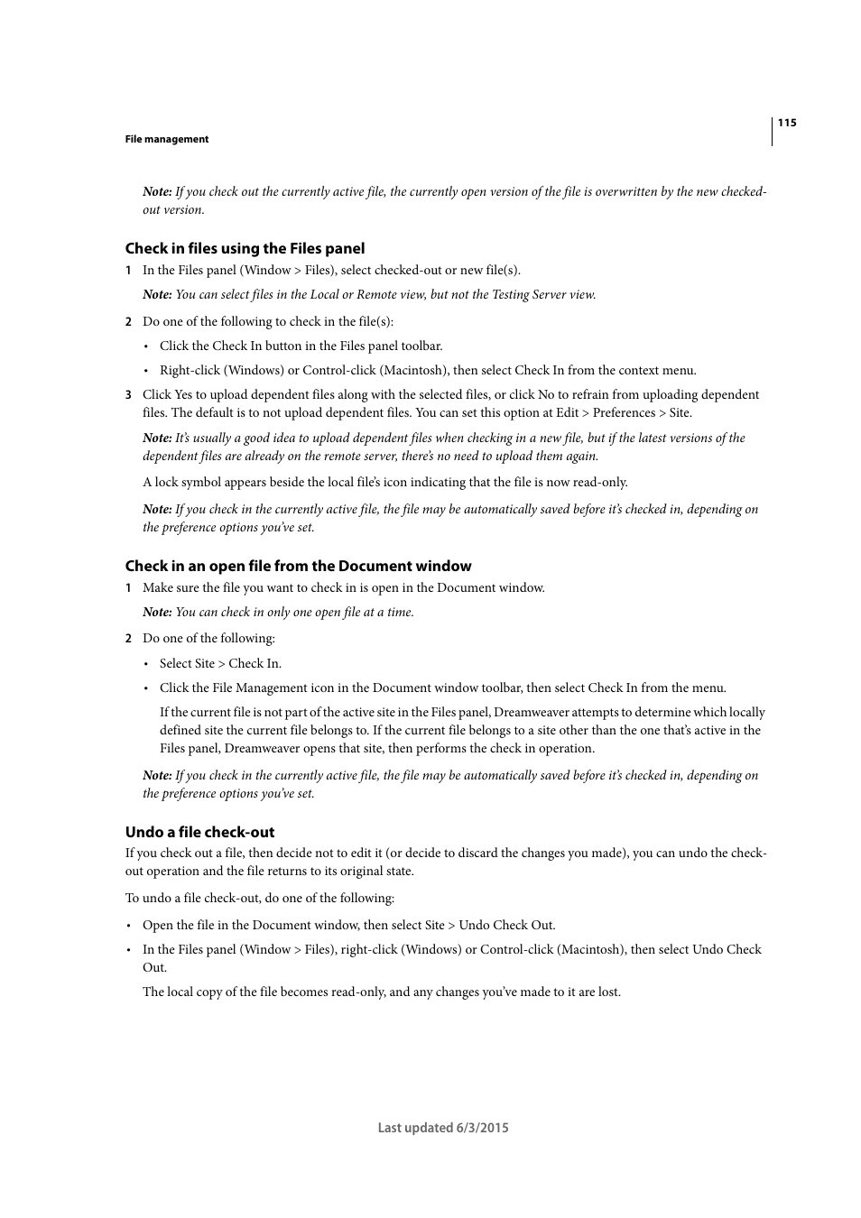 Check in files using the files panel, Check in an open file from the document window, Undo a file check-out | Adobe Dreamweaver CC 2015 User Manual | Page 122 / 700