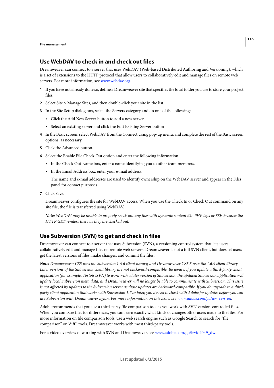 Use webdav to check in and check out files, Use subversion (svn) to get and check in files, Use subversion (svn) to get and check in | Files | Adobe Dreamweaver CC 2015 User Manual | Page 123 / 700