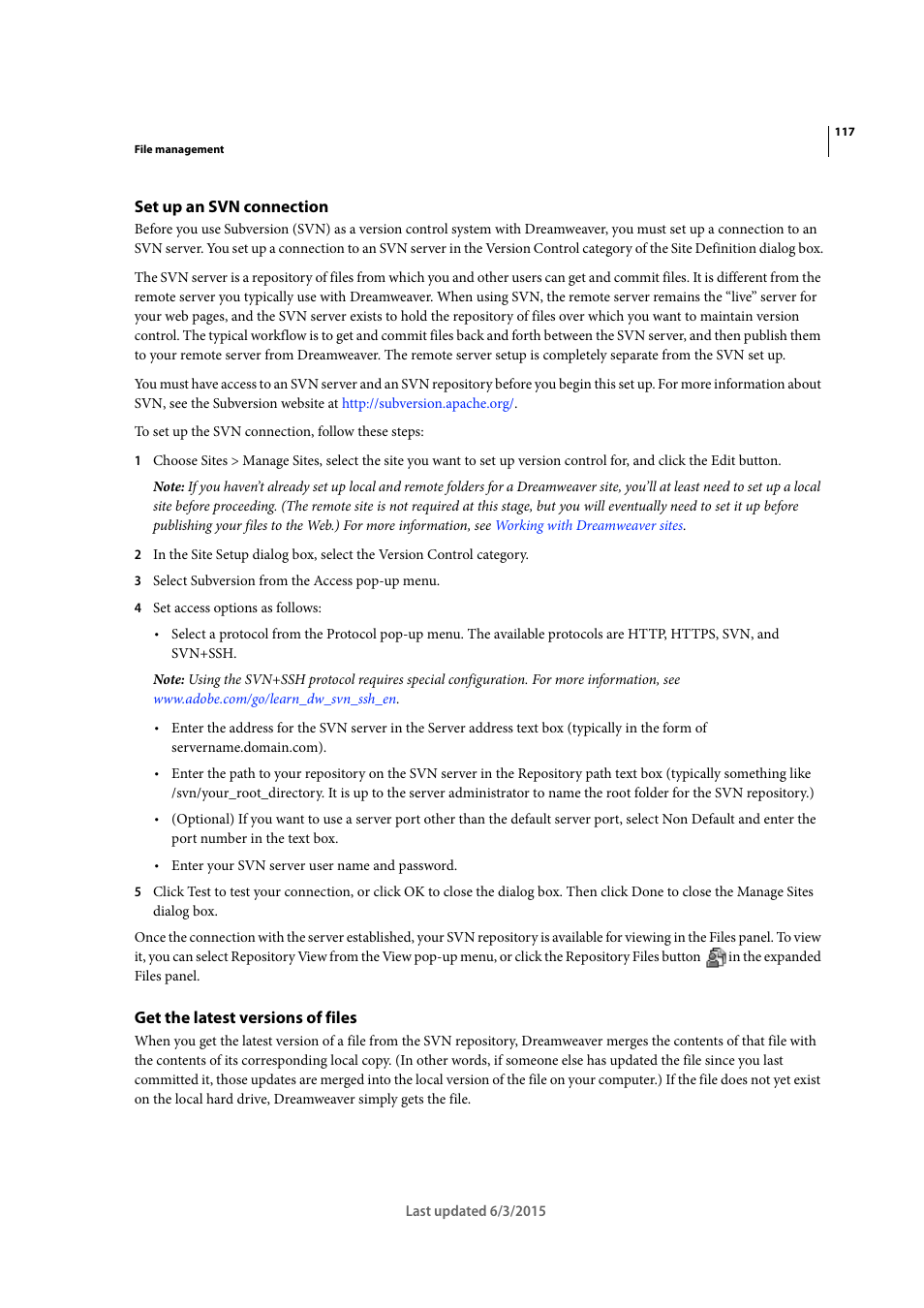 Set up an svn connection, Get the latest versions of files | Adobe Dreamweaver CC 2015 User Manual | Page 124 / 700