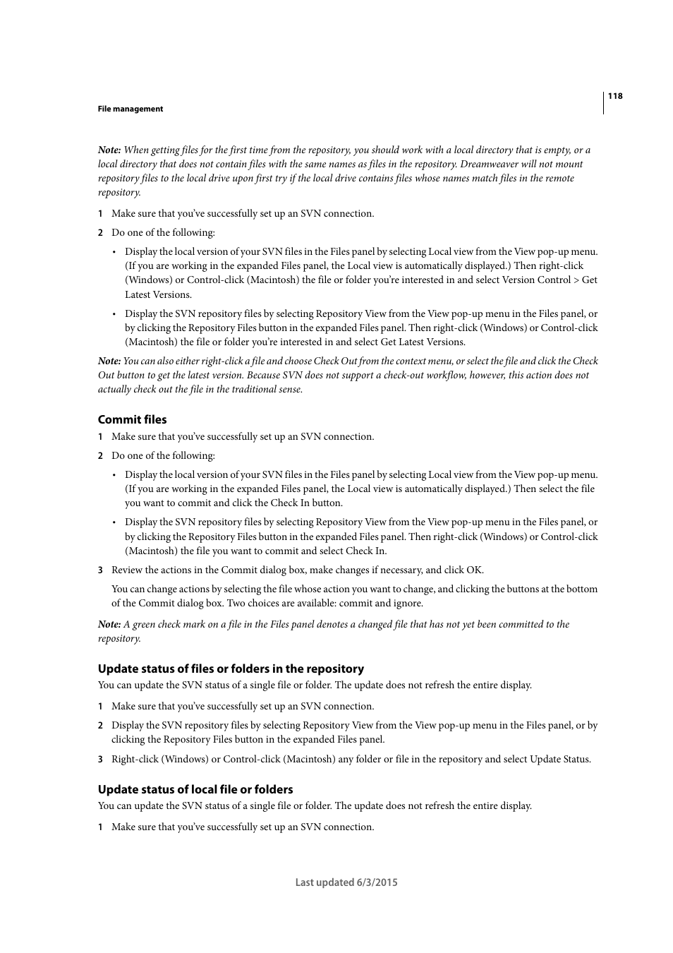 Commit files, Update status of local file or folders | Adobe Dreamweaver CC 2015 User Manual | Page 125 / 700