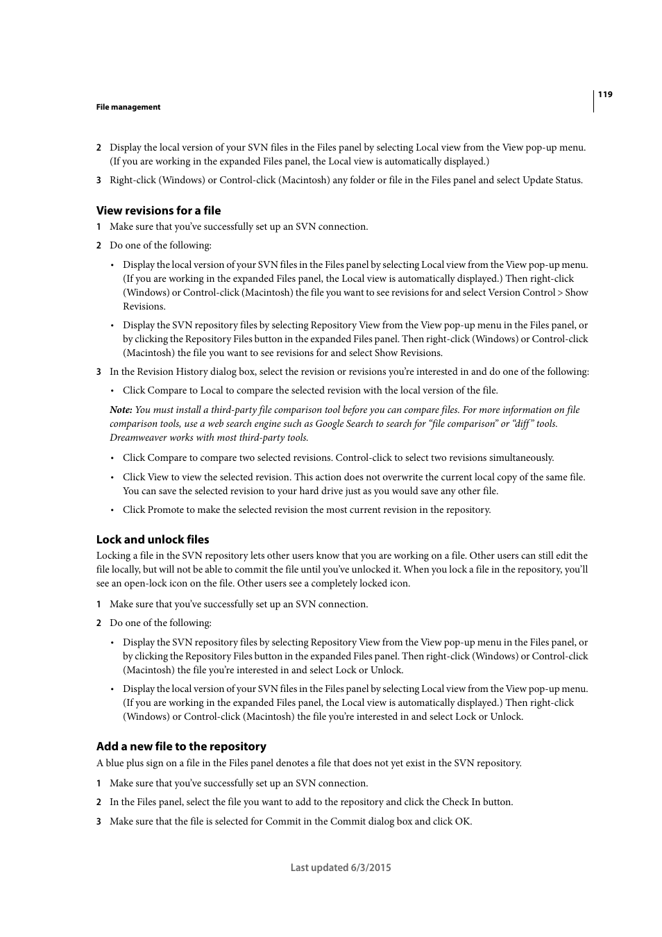 View revisions for a file, Lock and unlock files, Add a new file to the repository | Adobe Dreamweaver CC 2015 User Manual | Page 126 / 700