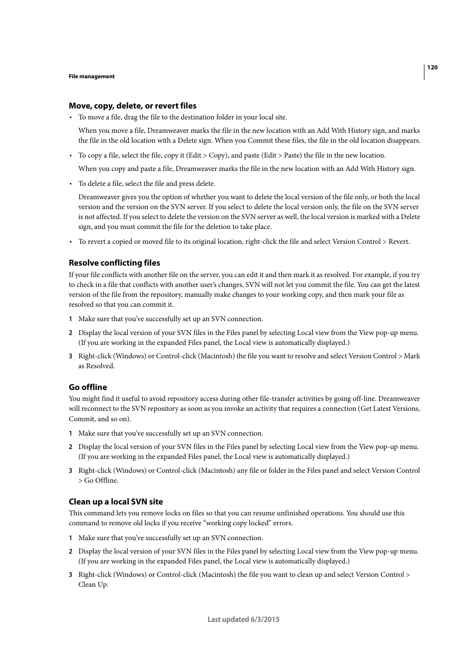 Move, copy, delete, or revert files, Resolve conflicting files, Go offline | Clean up a local svn site | Adobe Dreamweaver CC 2015 User Manual | Page 127 / 700