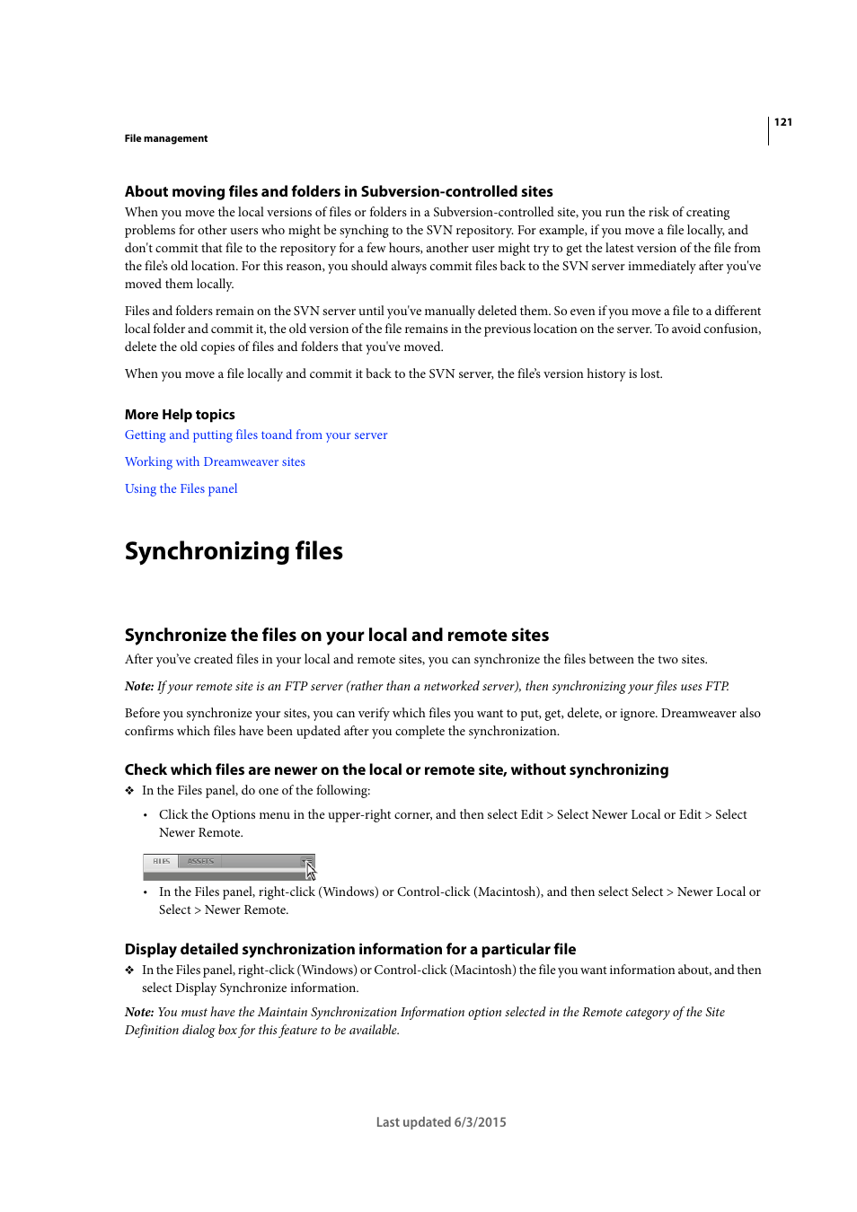 Synchronizing files | Adobe Dreamweaver CC 2015 User Manual | Page 128 / 700