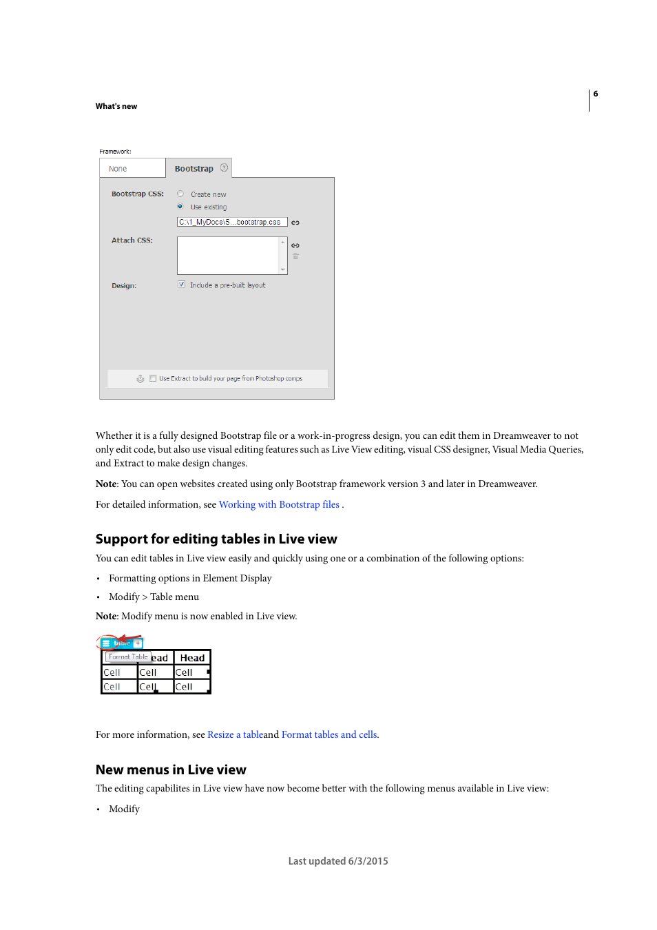 Support for editing tables in live view, New menus in live view | Adobe Dreamweaver CC 2015 User Manual | Page 13 / 700