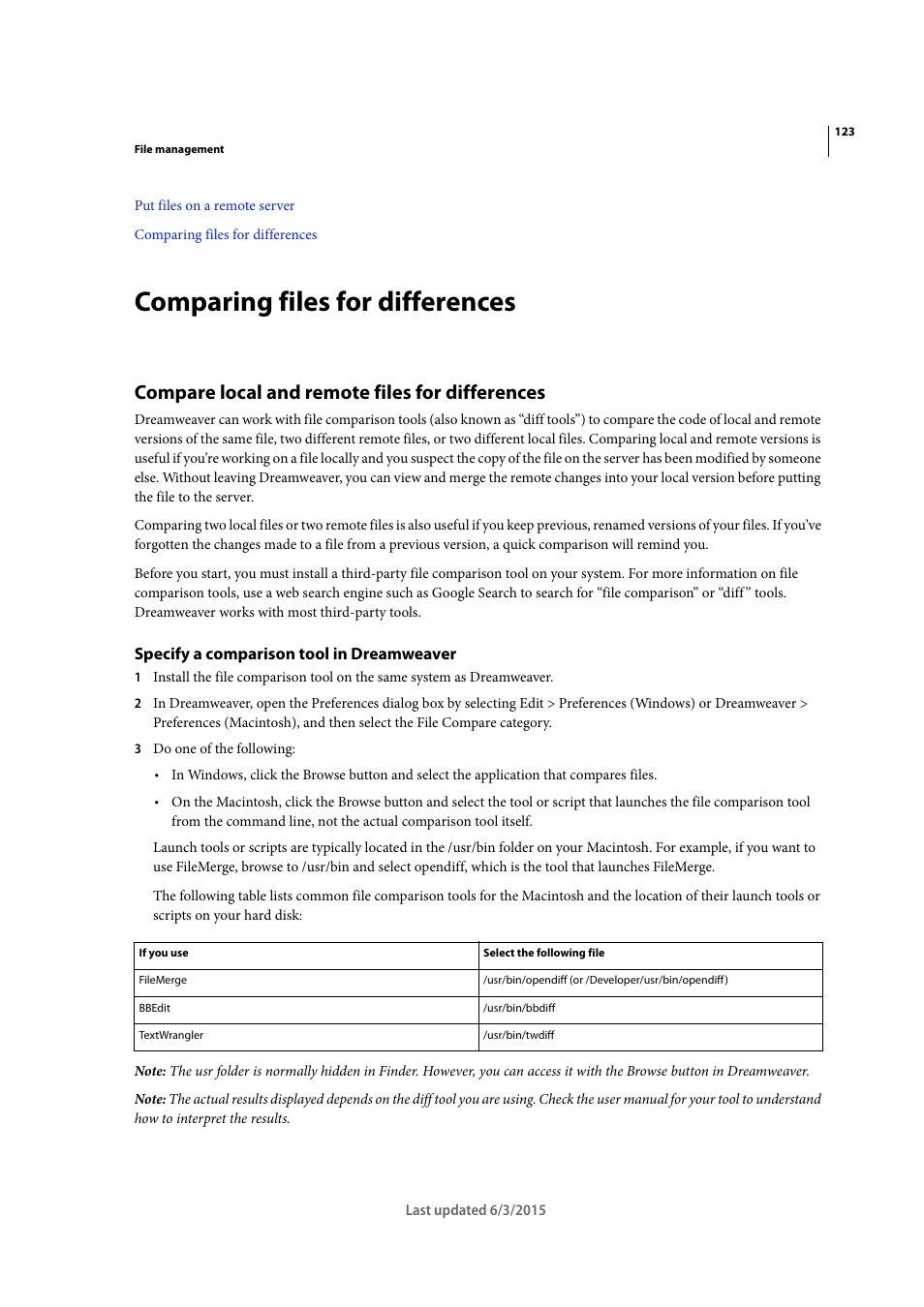 Comparing files for differences, Compare local and remote files for differences, Specify a comparison tool in dreamweaver | Adobe Dreamweaver CC 2015 User Manual | Page 130 / 700