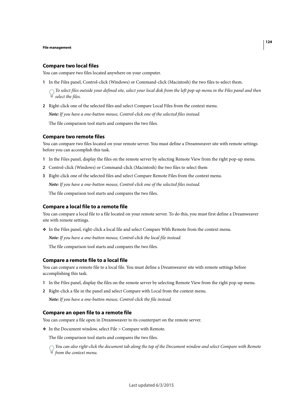 Compare two local files, Compare two remote files, Compare a local file to a remote file | Compare a remote file to a local file, Compare an open file to a remote file | Adobe Dreamweaver CC 2015 User Manual | Page 131 / 700
