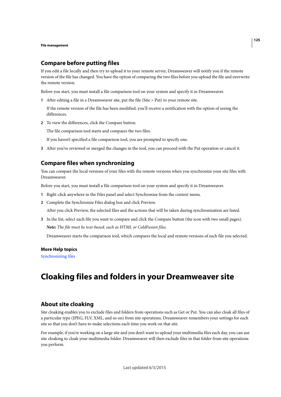 Compare before putting files, Compare files when synchronizing, About site cloaking | Adobe Dreamweaver CC 2015 User Manual | Page 132 / 700