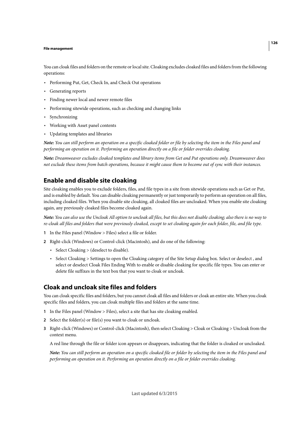 Enable and disable site cloaking, Cloak and uncloak site files and folders | Adobe Dreamweaver CC 2015 User Manual | Page 133 / 700