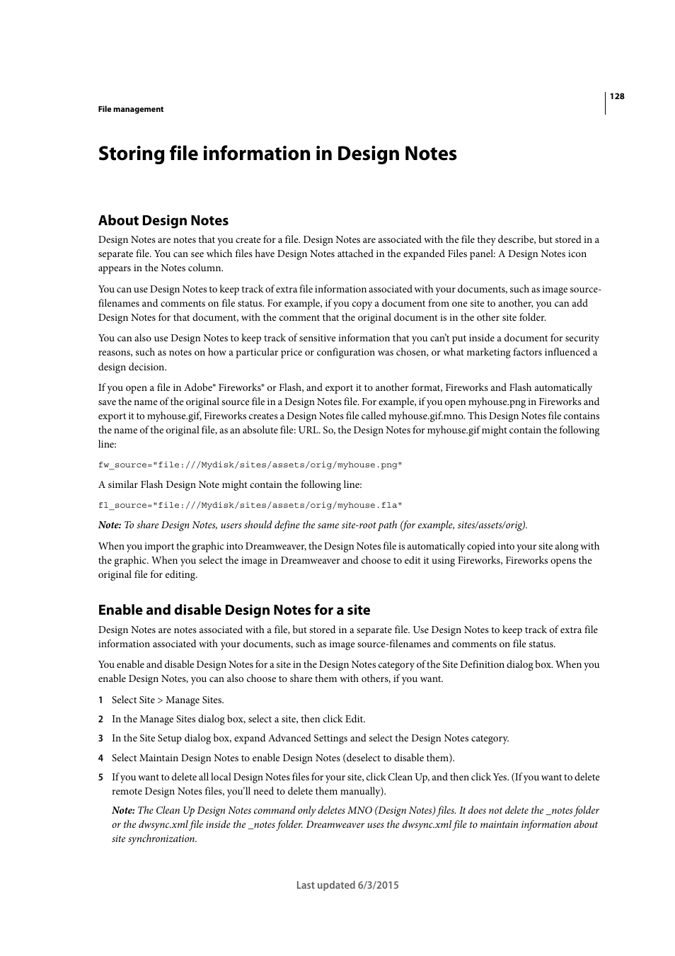 Storing file information in design notes, About design notes, Enable and disable design notes for a site | Adobe Dreamweaver CC 2015 User Manual | Page 135 / 700