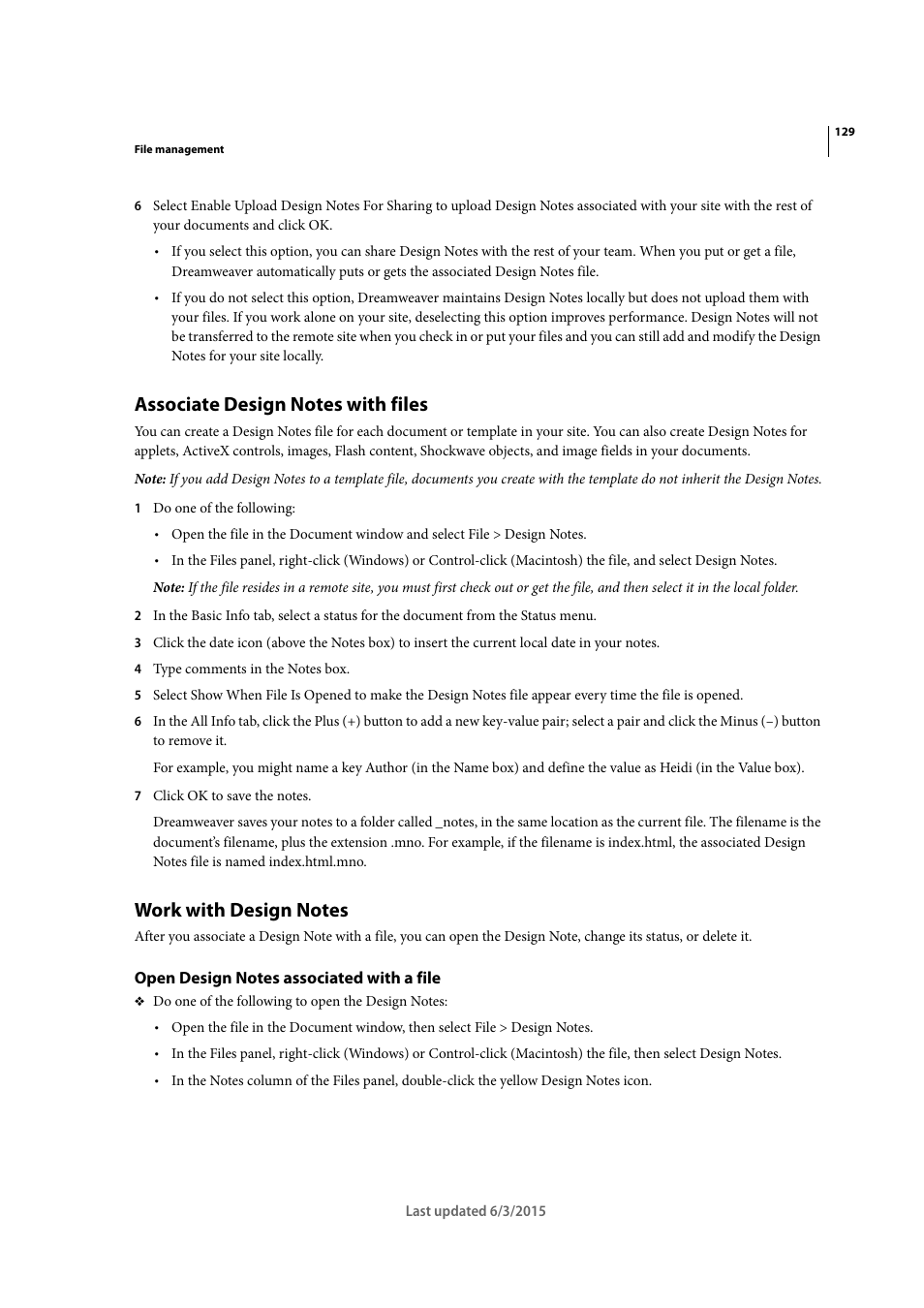 Associate design notes with files, Work with design notes, Open design notes associated with a file | Adobe Dreamweaver CC 2015 User Manual | Page 136 / 700