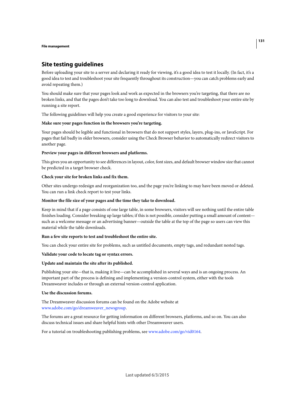Site testing guidelines | Adobe Dreamweaver CC 2015 User Manual | Page 138 / 700