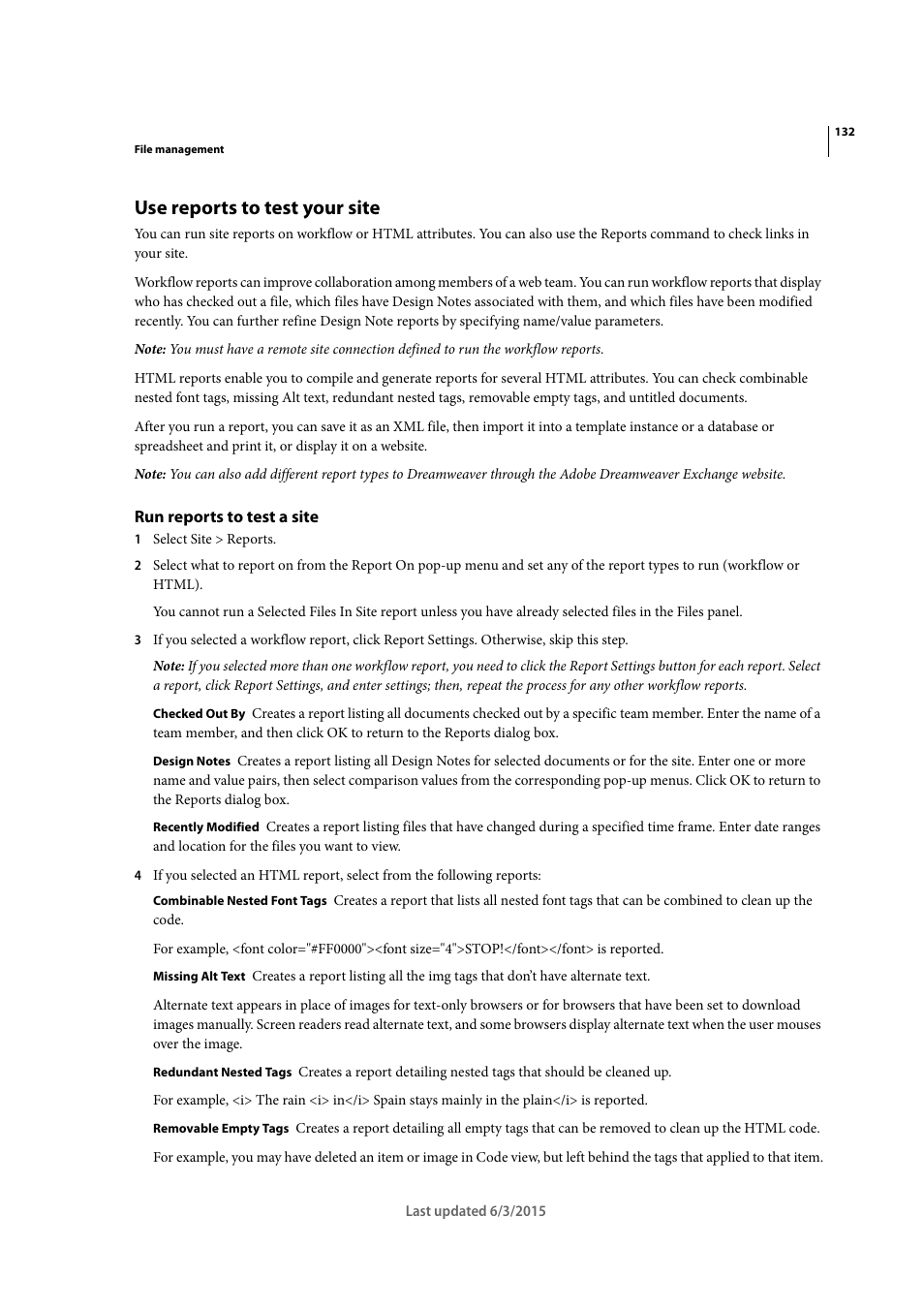 Use reports to test your site, Run reports to test a site | Adobe Dreamweaver CC 2015 User Manual | Page 139 / 700