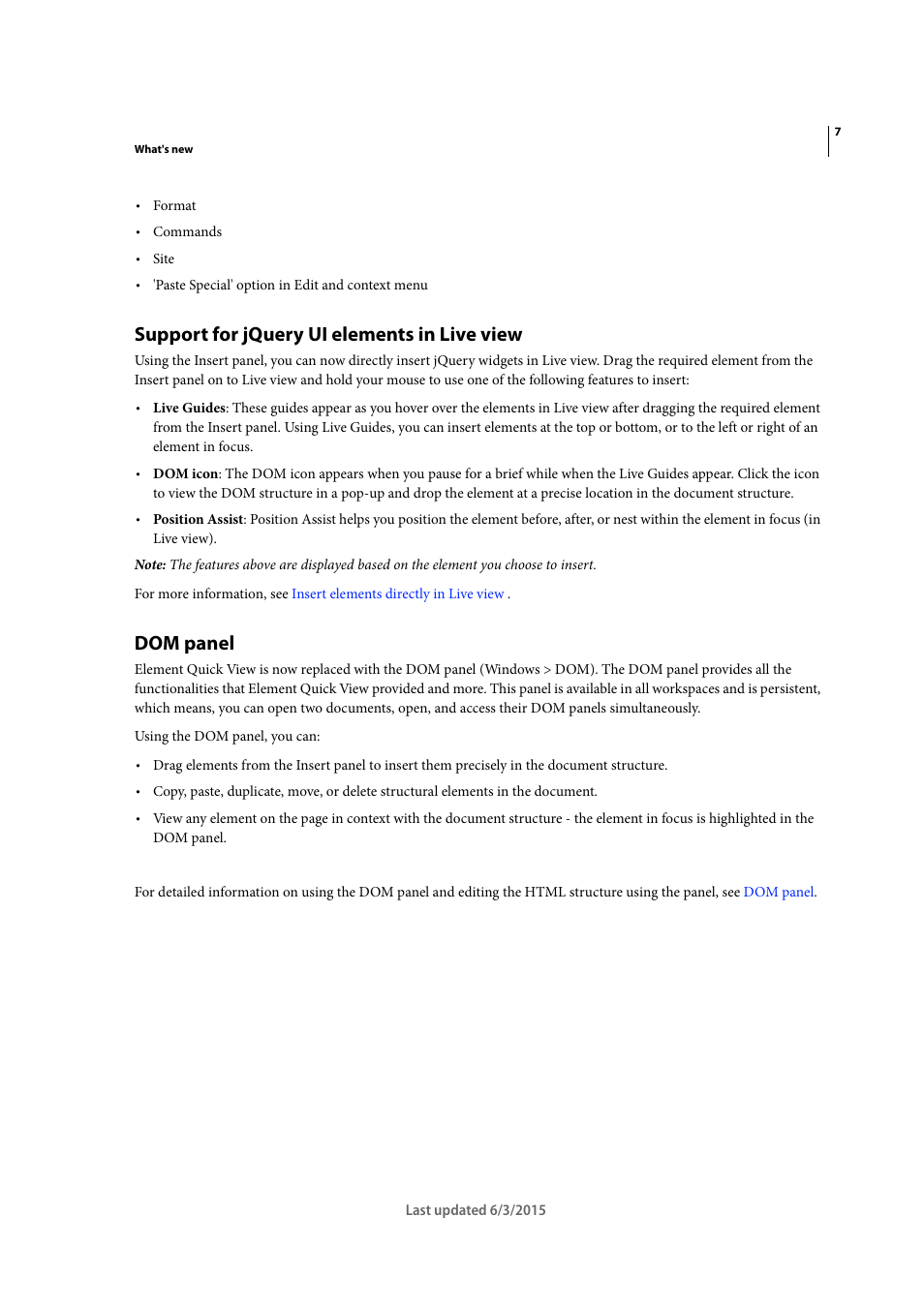 Support for jquery ui elements in live view, Dom panel | Adobe Dreamweaver CC 2015 User Manual | Page 14 / 700