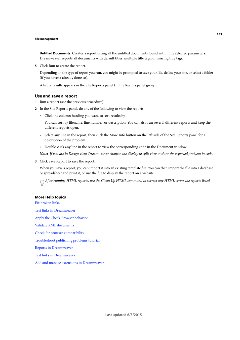 Use and save a report | Adobe Dreamweaver CC 2015 User Manual | Page 140 / 700
