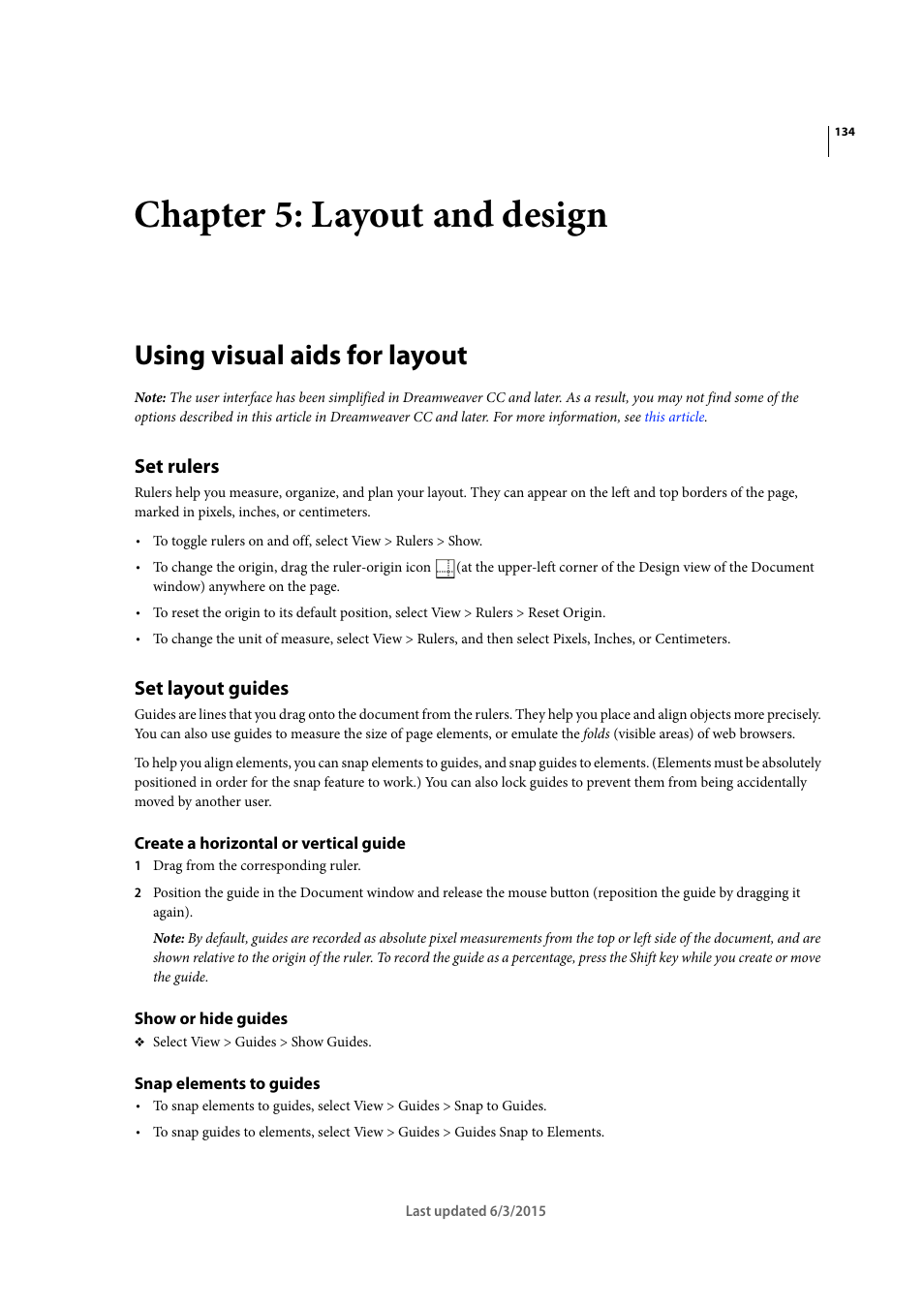 Chapter 5: layout and design, Using visual aids for layout, Set rulers | Set layout guides, Create a horizontal or vertical guide, Show or hide guides, Snap elements to guides | Adobe Dreamweaver CC 2015 User Manual | Page 141 / 700