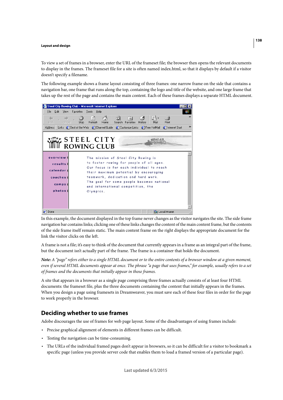 Deciding whether to use frames | Adobe Dreamweaver CC 2015 User Manual | Page 145 / 700