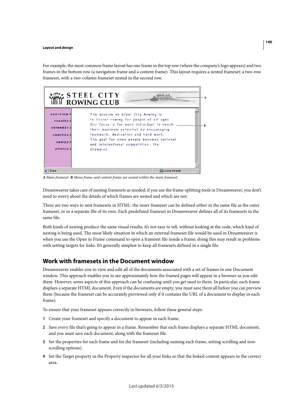 Work with framesets in the document window | Adobe Dreamweaver CC 2015 User Manual | Page 147 / 700