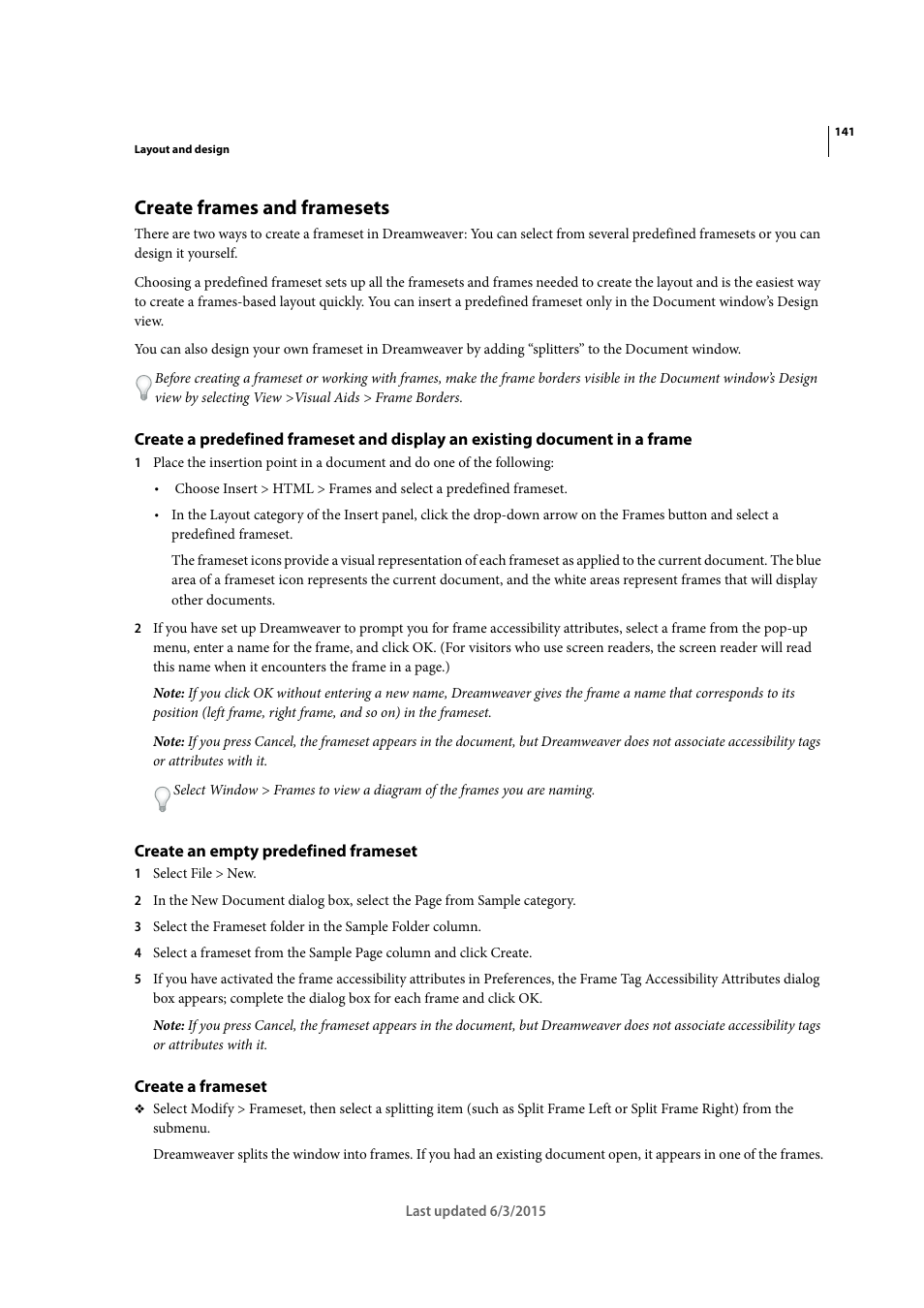 Create frames and framesets, Create an empty predefined frameset, Create a frameset | Adobe Dreamweaver CC 2015 User Manual | Page 148 / 700