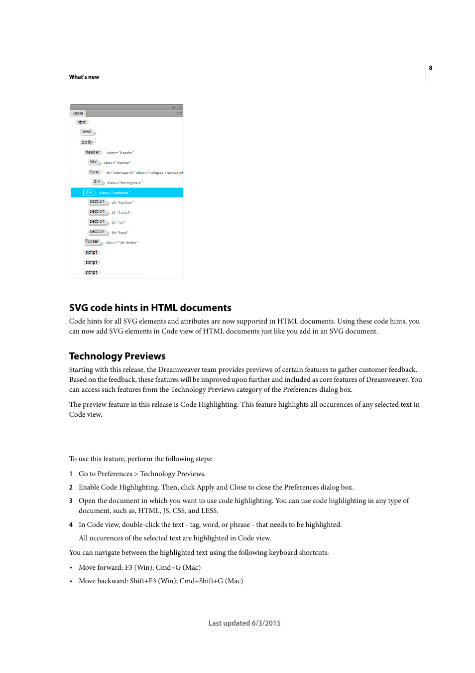 Svg code hints in html documents, Technology previews | Adobe Dreamweaver CC 2015 User Manual | Page 15 / 700