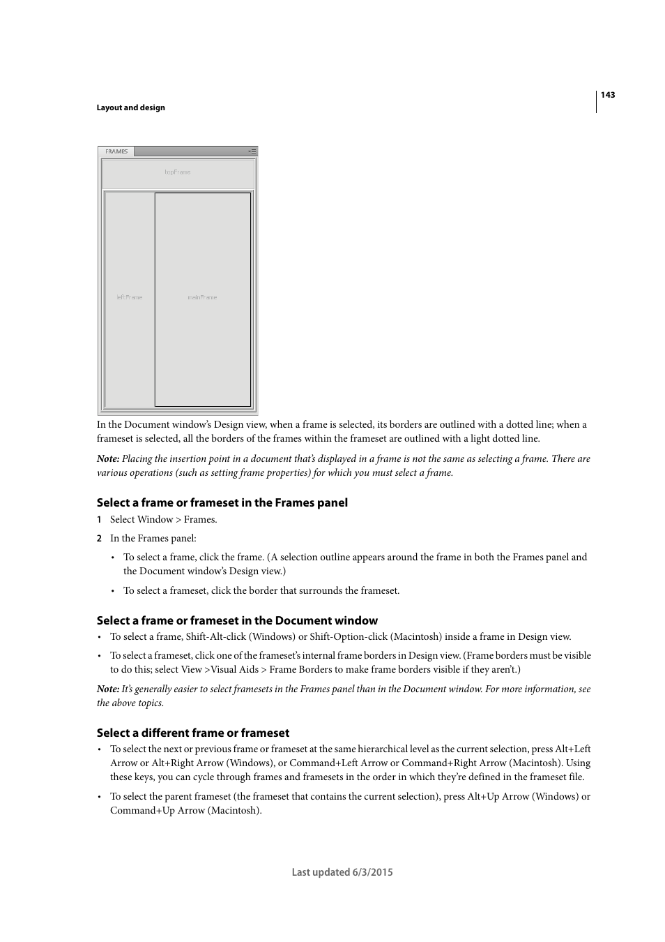 Select a frame or frameset in the frames panel, Select a frame or frameset in the document window, Select a different frame or frameset | Adobe Dreamweaver CC 2015 User Manual | Page 150 / 700