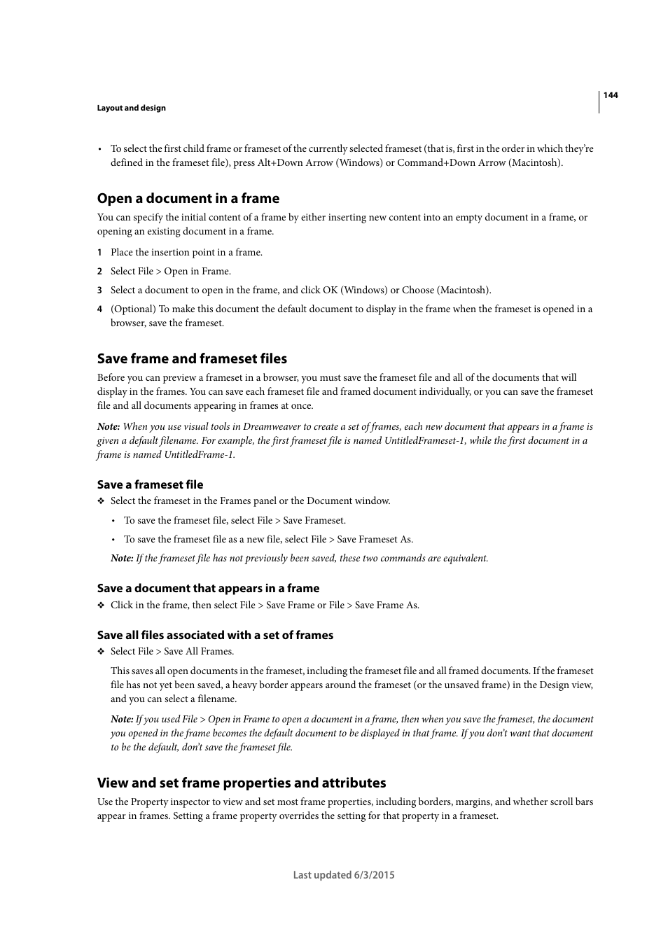 Open a document in a frame, Save frame and frameset files, Save a frameset file | Save a document that appears in a frame, Save all files associated with a set of frames, View and set frame properties and attributes | Adobe Dreamweaver CC 2015 User Manual | Page 151 / 700