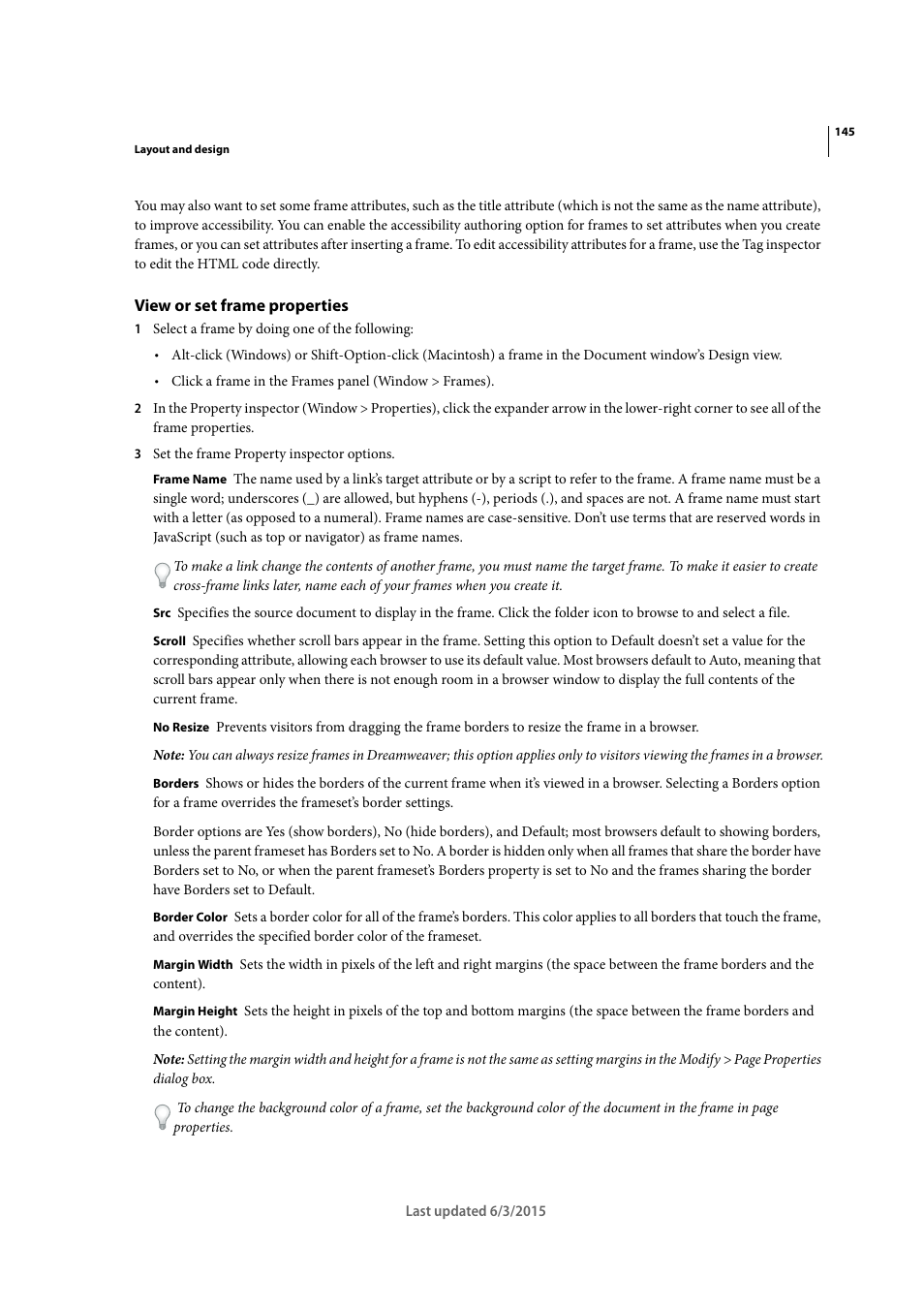 View or set frame properties | Adobe Dreamweaver CC 2015 User Manual | Page 152 / 700