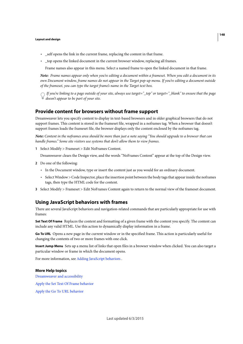 Provide content for browsers without frame support, Using javascript behaviors with frames | Adobe Dreamweaver CC 2015 User Manual | Page 155 / 700