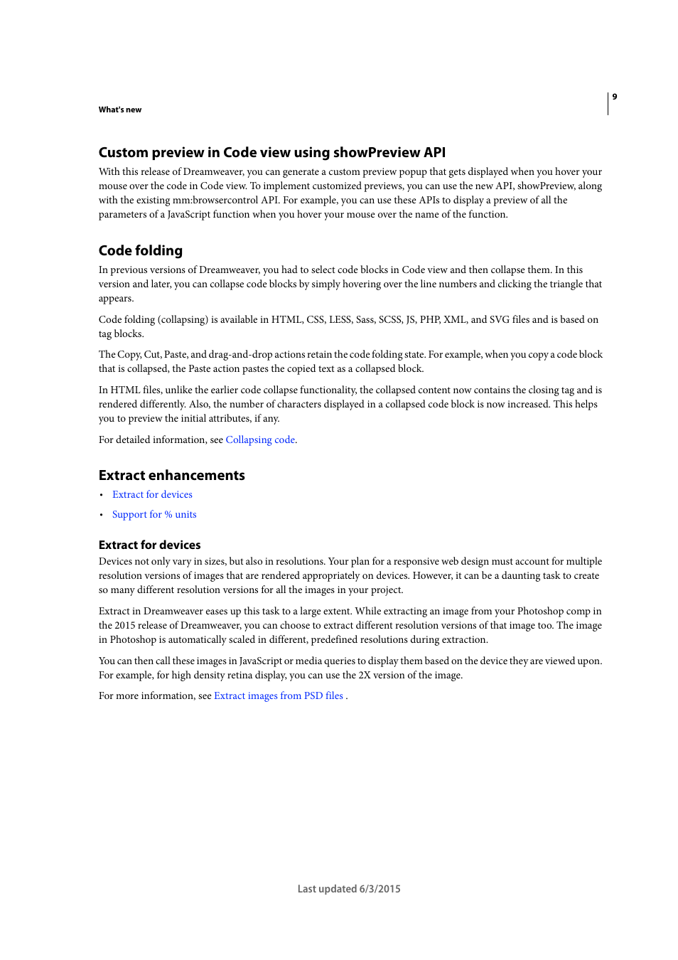 Custom preview in code view using showpreview api, Code folding, Extract enhancements | Extract for devices | Adobe Dreamweaver CC 2015 User Manual | Page 16 / 700