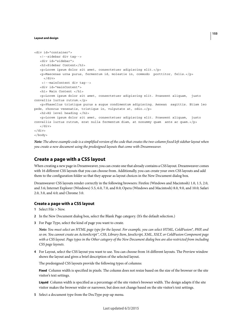 Create a page with a css layout | Adobe Dreamweaver CC 2015 User Manual | Page 160 / 700