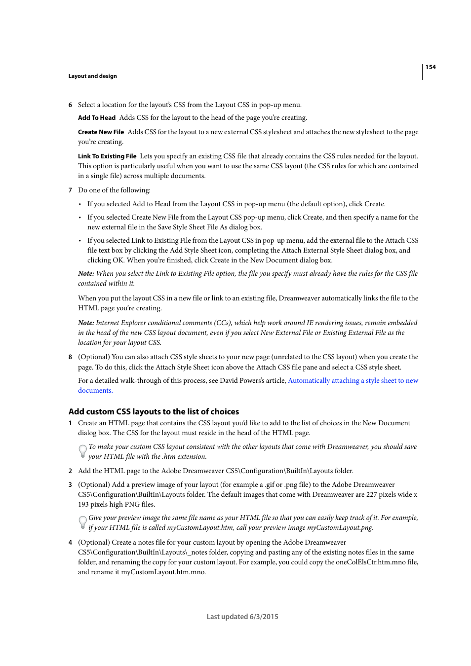 Add custom css layouts to the list of choices | Adobe Dreamweaver CC 2015 User Manual | Page 161 / 700