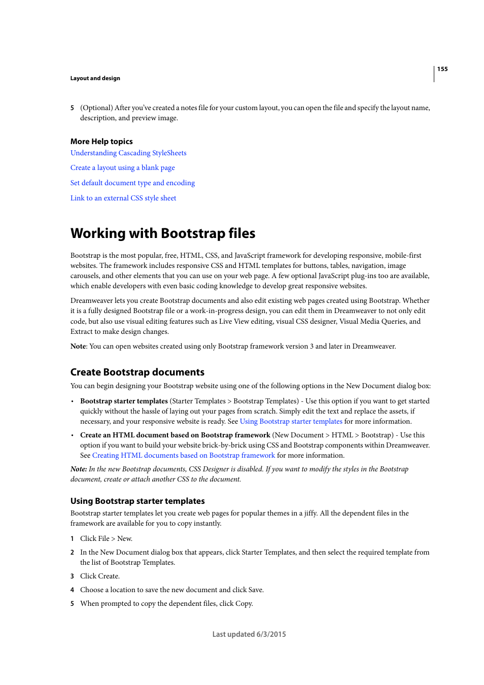 Working with bootstrap files, Create bootstrap documents, Using bootstrap starter templates | Adobe Dreamweaver CC 2015 User Manual | Page 162 / 700