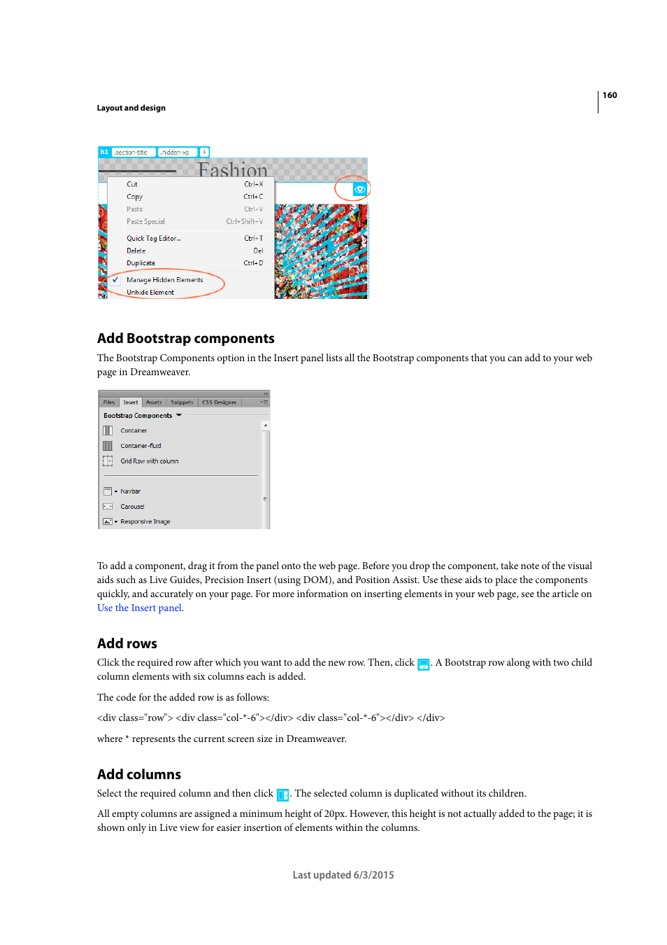 Add bootstrap components, Add rows, Add columns | Adobe Dreamweaver CC 2015 User Manual | Page 167 / 700