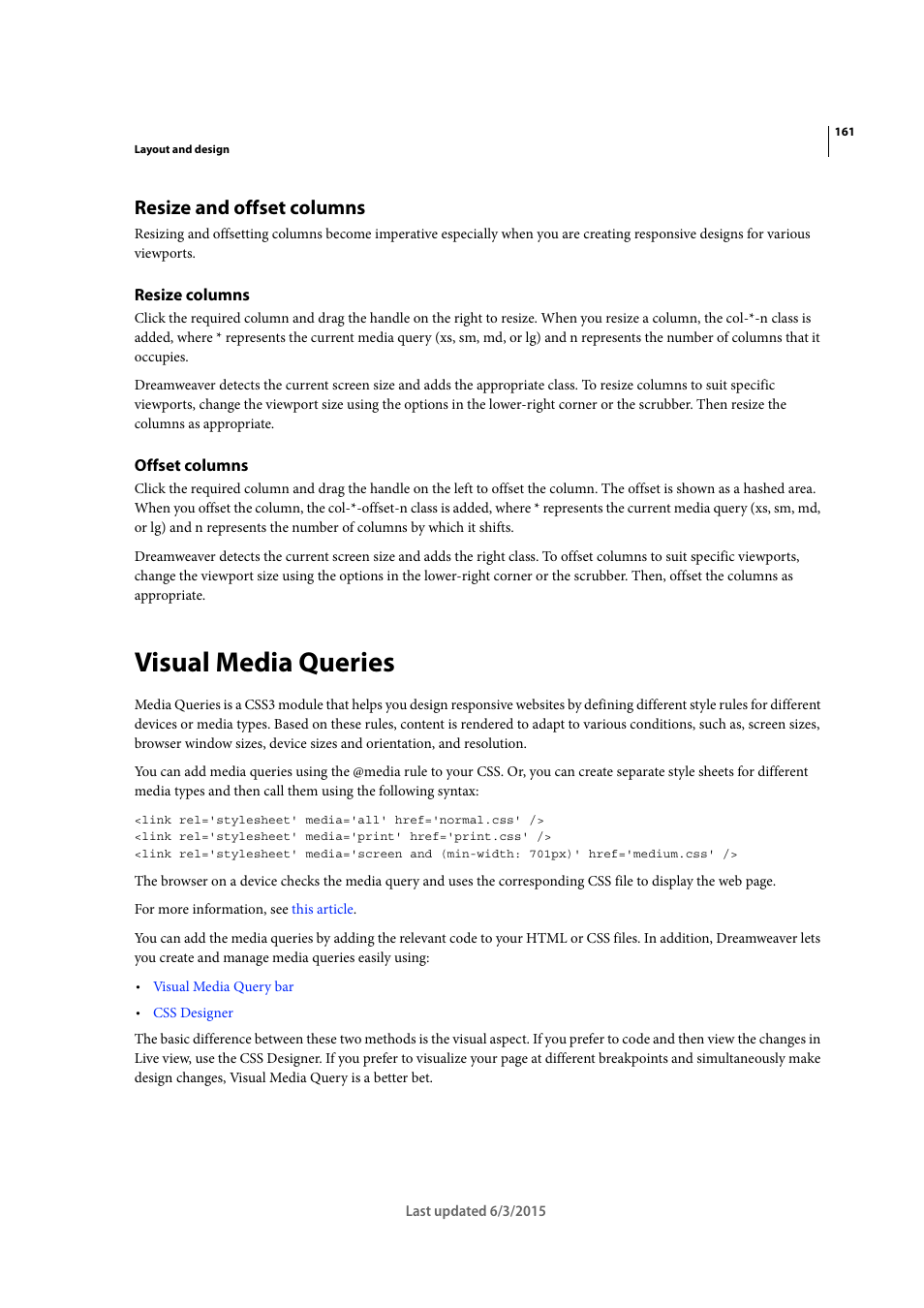 Resize and offset columns, Resize columns, Offset columns | Visual media queries | Adobe Dreamweaver CC 2015 User Manual | Page 168 / 700
