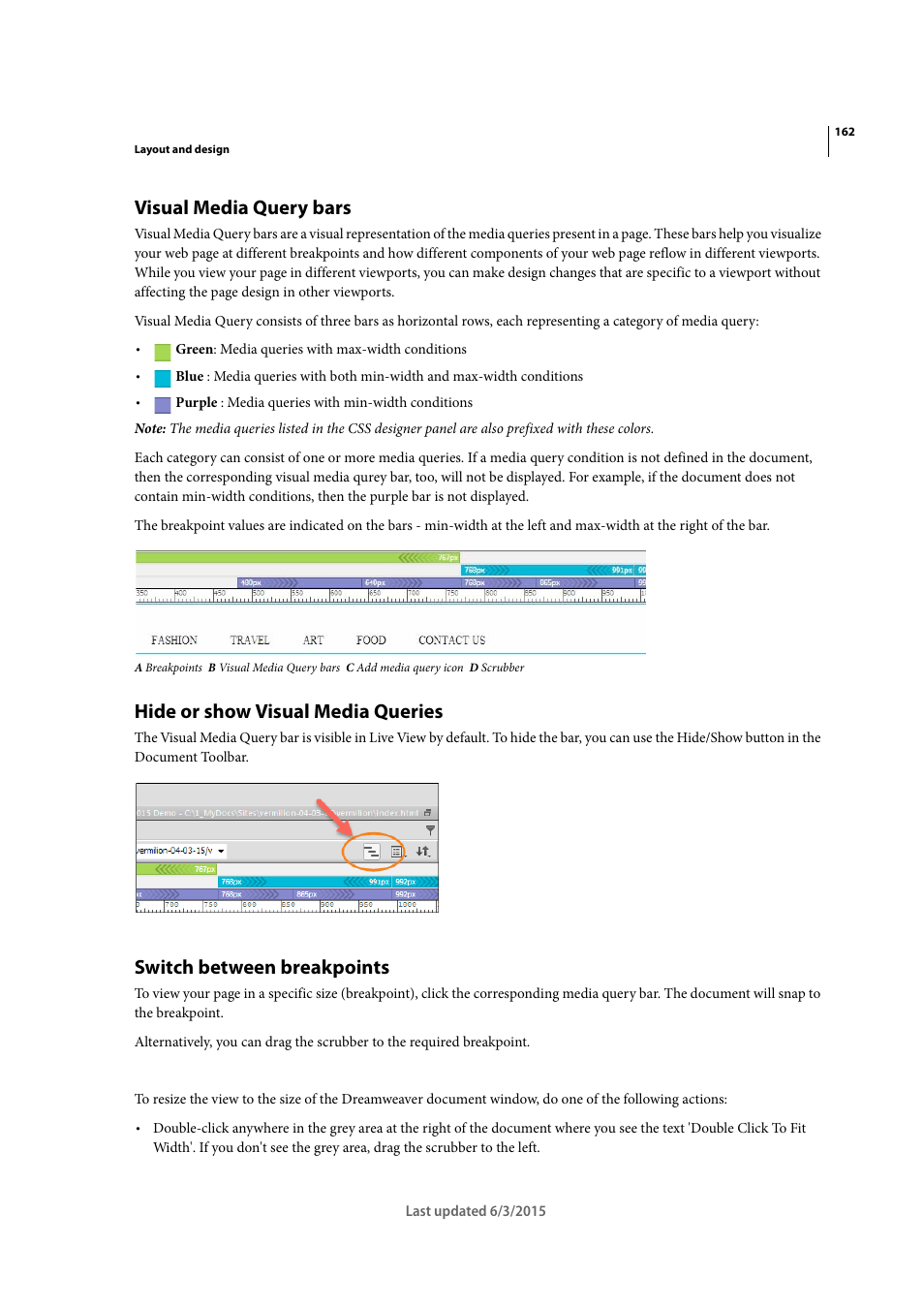 Visual media query bars, Hide or show visual media queries, Switch between breakpoints | Adobe Dreamweaver CC 2015 User Manual | Page 169 / 700