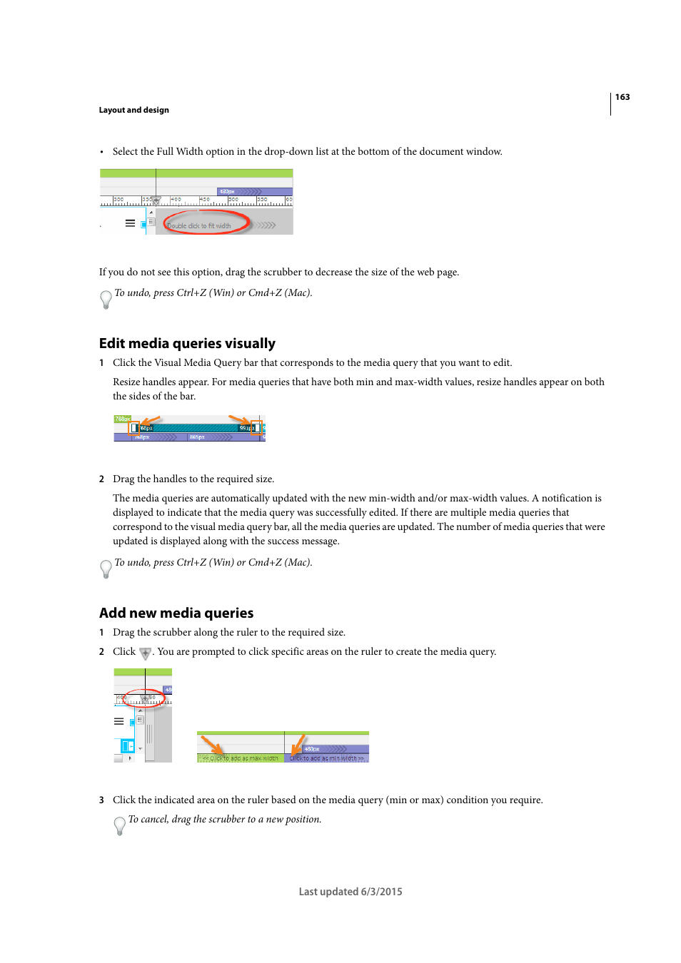 Edit media queries visually, Add new media queries | Adobe Dreamweaver CC 2015 User Manual | Page 170 / 700