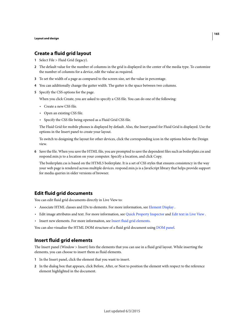 Create a fluid grid layout, Edit fluid grid documents, Insert fluid grid elements | Adobe Dreamweaver CC 2015 User Manual | Page 172 / 700
