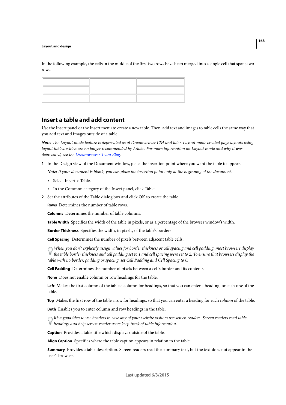 Insert a table and add content | Adobe Dreamweaver CC 2015 User Manual | Page 175 / 700
