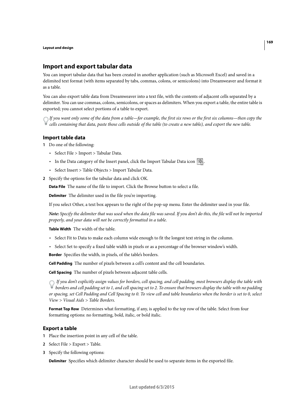Import and export tabular data, Import table data, Export a table | Adobe Dreamweaver CC 2015 User Manual | Page 176 / 700