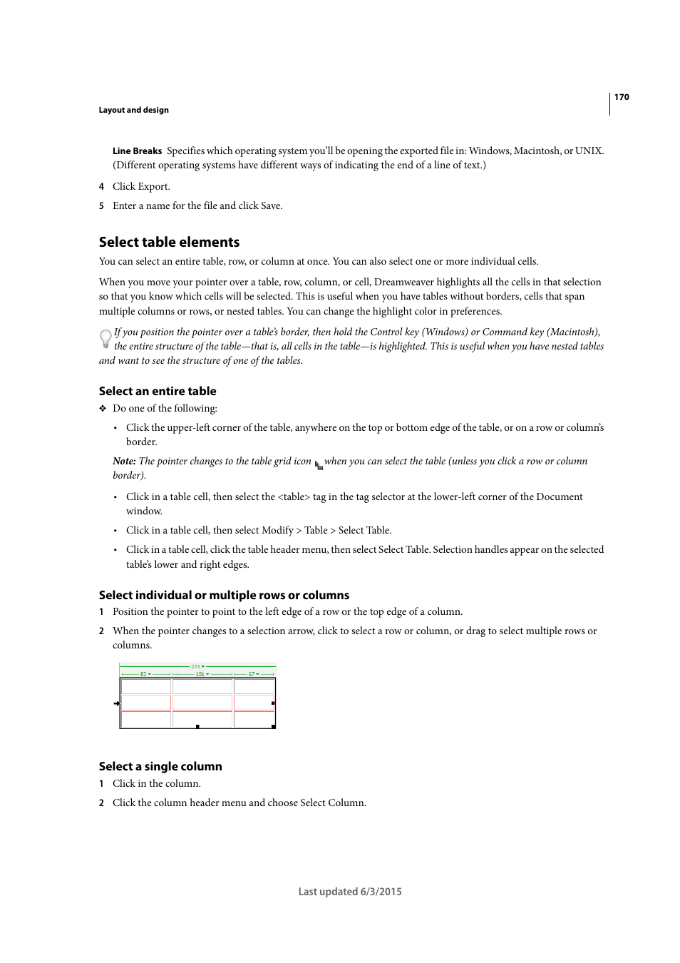 Select table elements, Select an entire table, Select individual or multiple rows or columns | Select a single column | Adobe Dreamweaver CC 2015 User Manual | Page 177 / 700