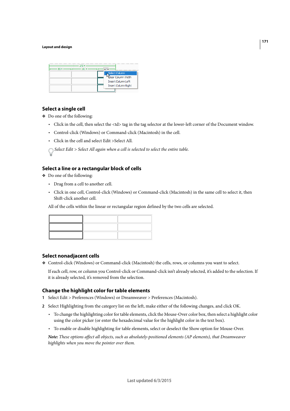 Select a single cell, Select a line or a rectangular block of cells, Select nonadjacent cells | Change the highlight color for table elements | Adobe Dreamweaver CC 2015 User Manual | Page 178 / 700
