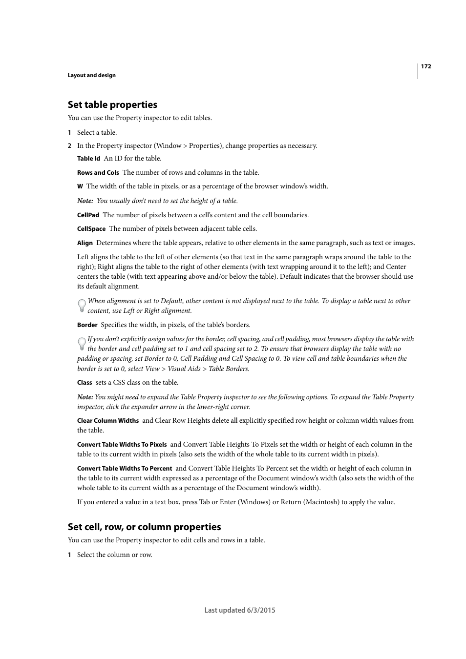 Set table properties, Set cell, row, or column properties | Adobe Dreamweaver CC 2015 User Manual | Page 179 / 700