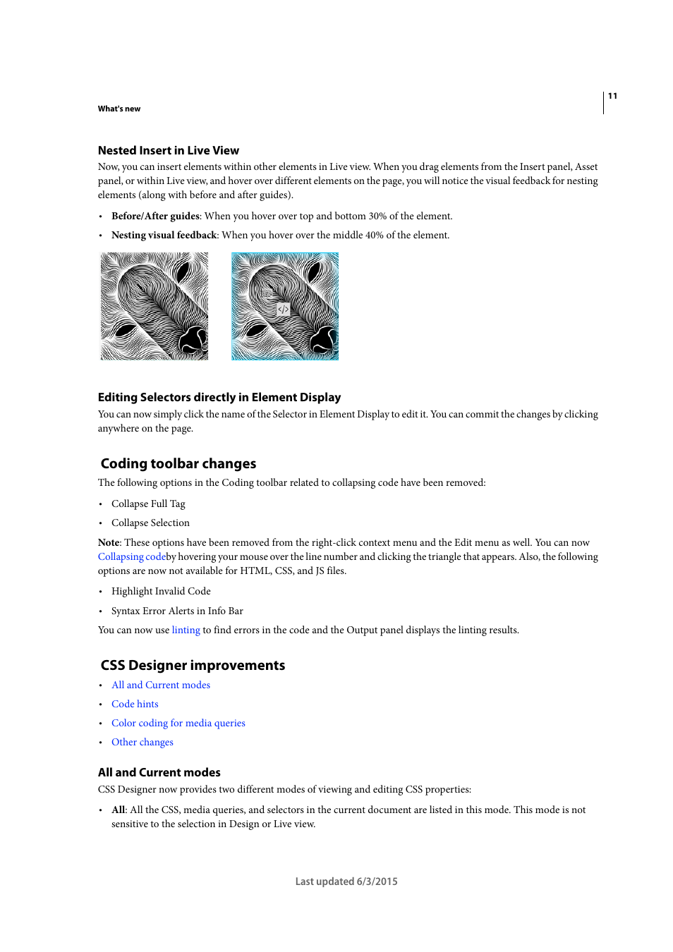 Nested insert in live view, Editing selectors directly in element display, Coding toolbar changes | Css designer improvements, All and current modes | Adobe Dreamweaver CC 2015 User Manual | Page 18 / 700