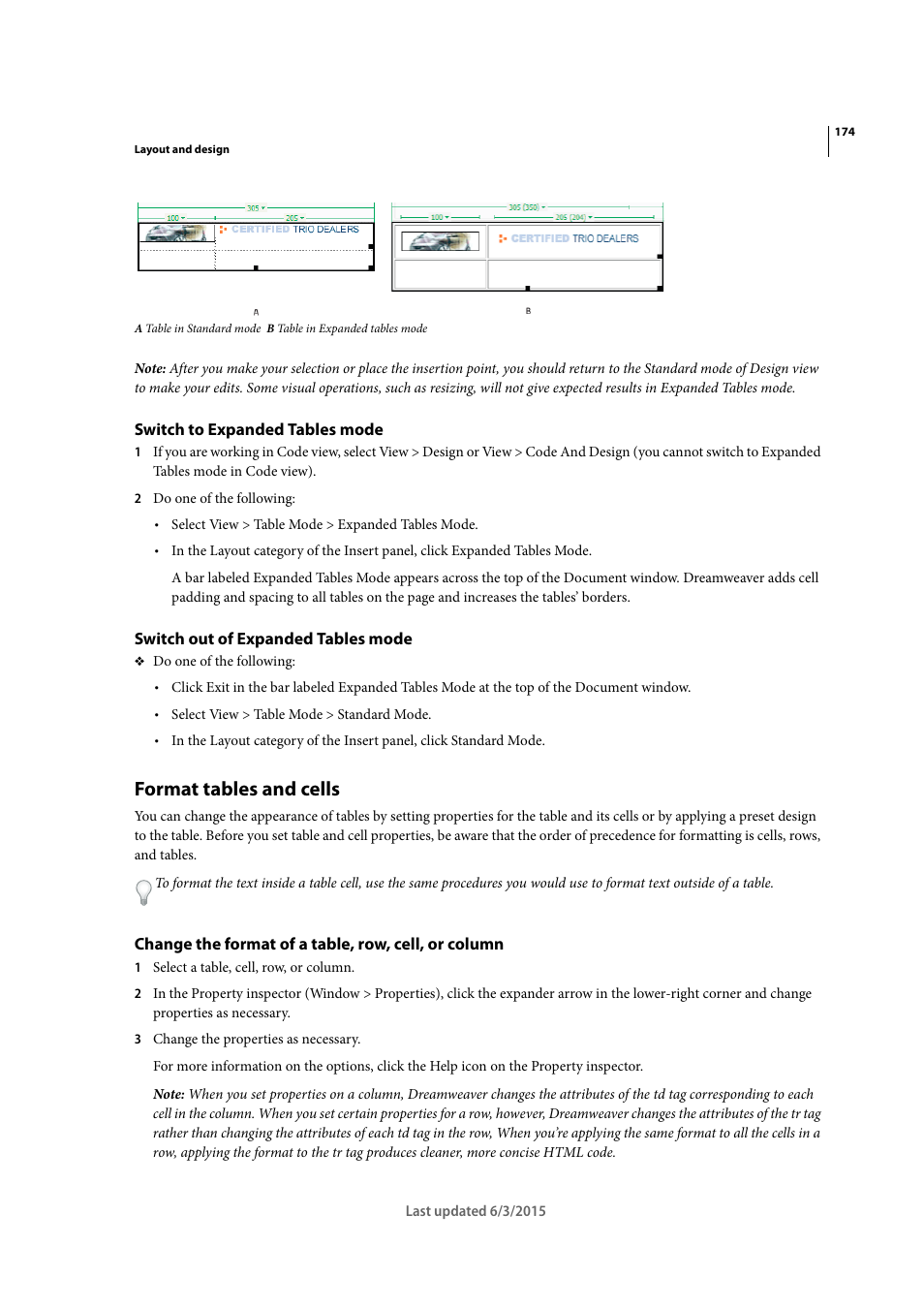 Switch to expanded tables mode, Switch out of expanded tables mode, Format tables and cells | Change the format of a table, row, cell, or column | Adobe Dreamweaver CC 2015 User Manual | Page 181 / 700