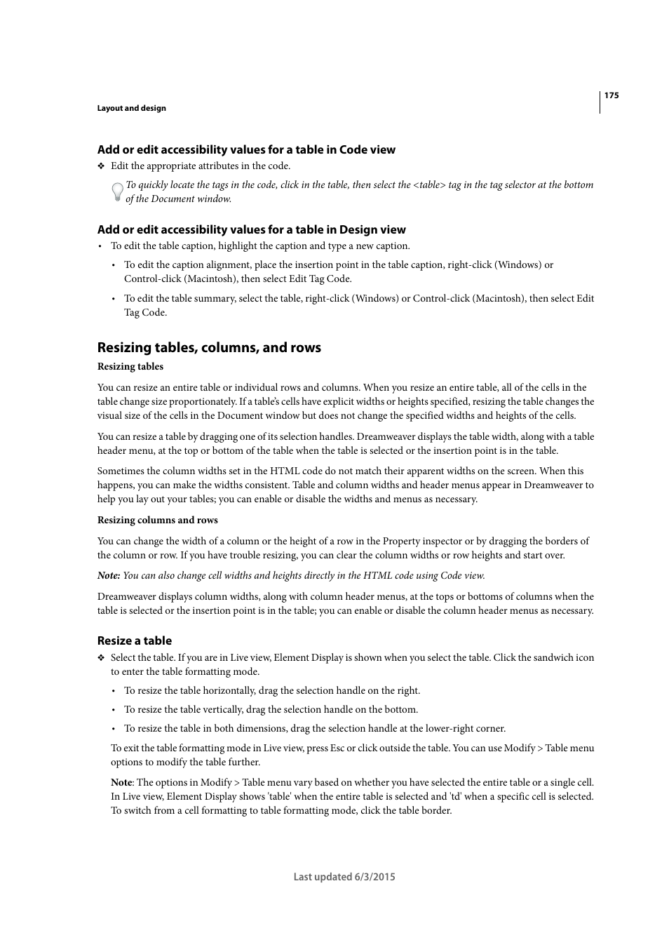 Resizing tables, columns, and rows, Resize a table | Adobe Dreamweaver CC 2015 User Manual | Page 182 / 700