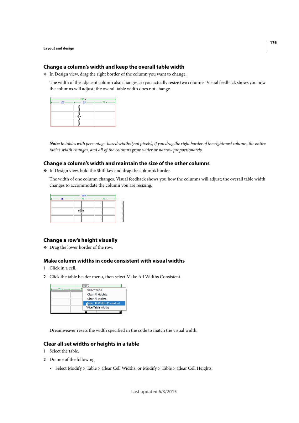 Change a row’s height visually, Clear all set widths or heights in a table | Adobe Dreamweaver CC 2015 User Manual | Page 183 / 700