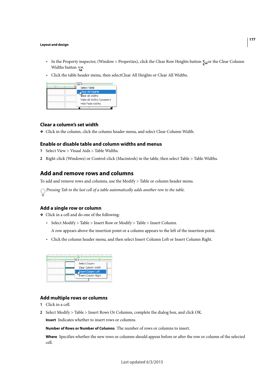 Clear a column’s set width, Add and remove rows and columns, Add a single row or column | Add multiple rows or columns | Adobe Dreamweaver CC 2015 User Manual | Page 184 / 700
