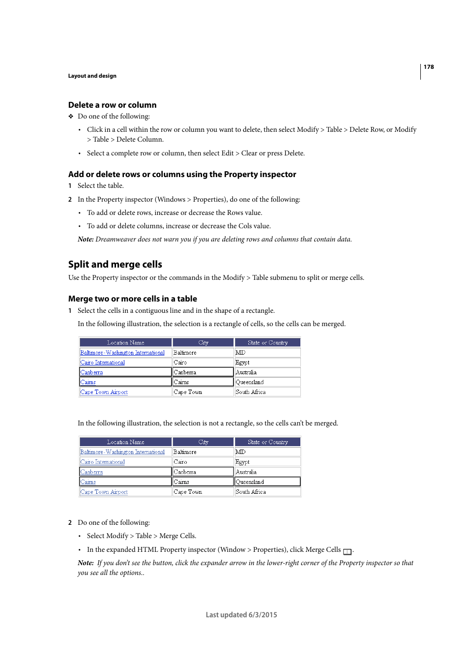 Delete a row or column, Split and merge cells, Merge two or more cells in a table | Adobe Dreamweaver CC 2015 User Manual | Page 185 / 700