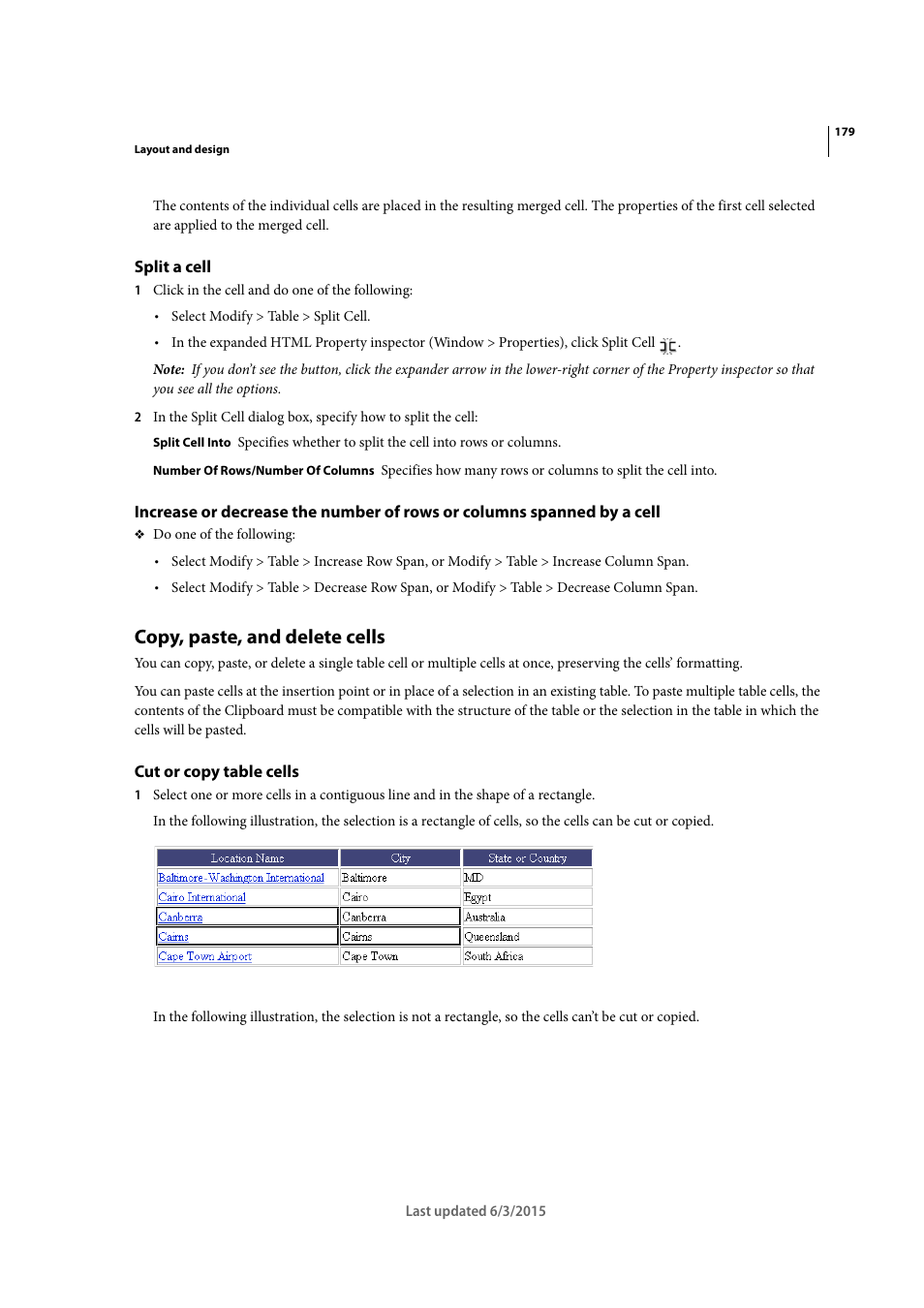 Split a cell, Copy, paste, and delete cells, Cut or copy table cells | Adobe Dreamweaver CC 2015 User Manual | Page 186 / 700