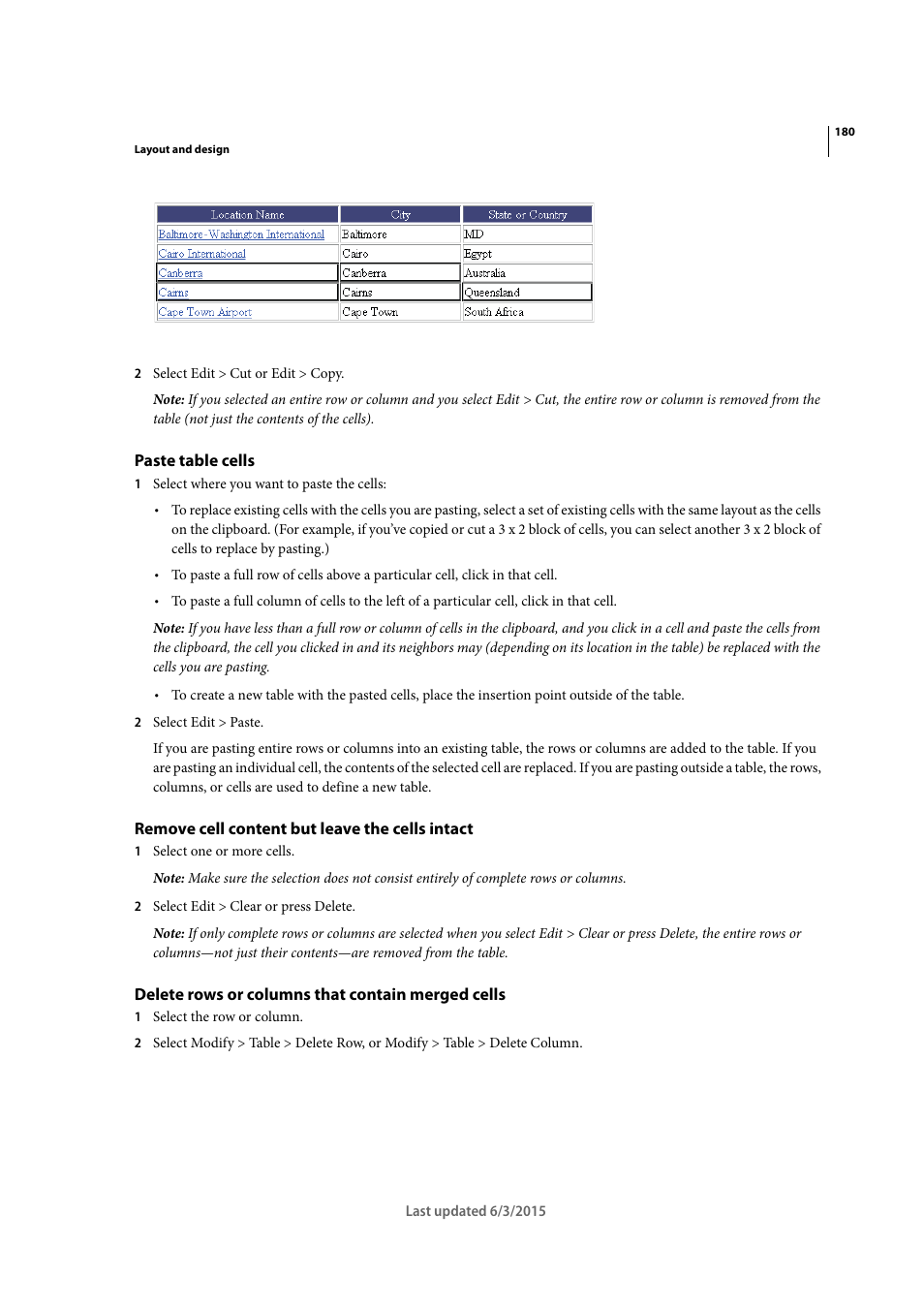 Paste table cells, Remove cell content but leave the cells intact, Delete rows or columns that contain merged cells | Adobe Dreamweaver CC 2015 User Manual | Page 187 / 700